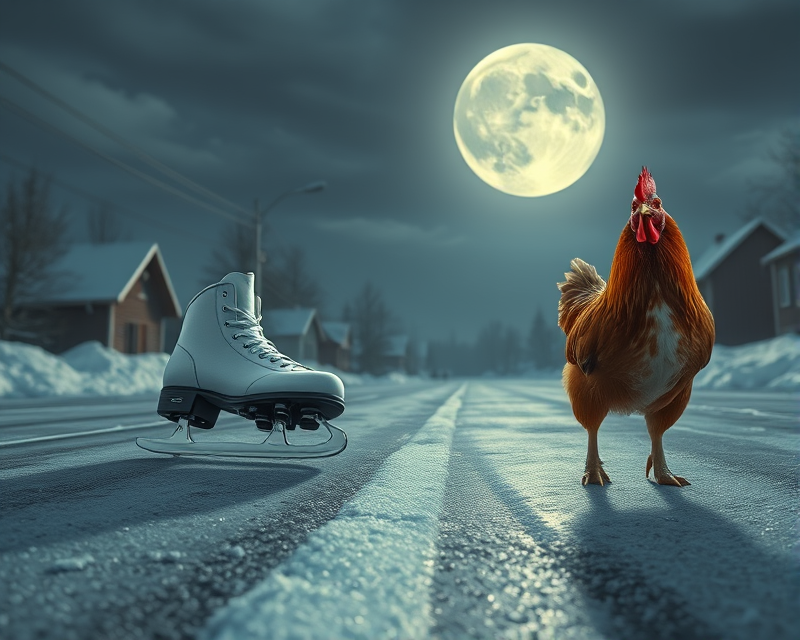 ice skate, road, moon, bulldog, chicken